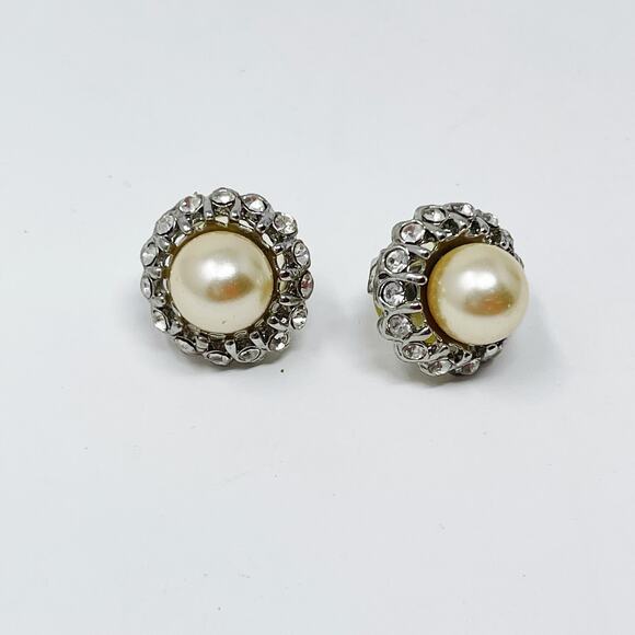 Faux Pearl and Rhinestone Embellished Earrings Chunky Large Silver Tone Fashion - Picture 2 of 4